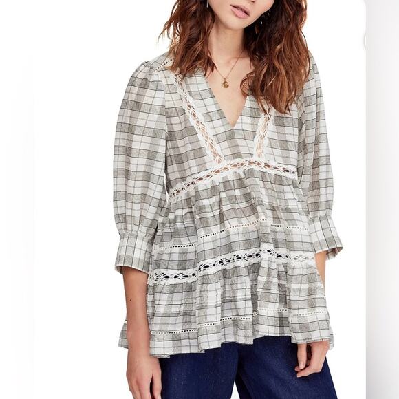 NWT Free People Time Out Lace Trim Plaid Puff Sleeve Trapeze Tunic Blouse Sz M - Picture 3 of 15
